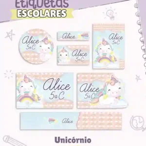 Adesivo escolar digital personalizado unicórnio em etiqueta para caderno e lápis para imprimir e editar