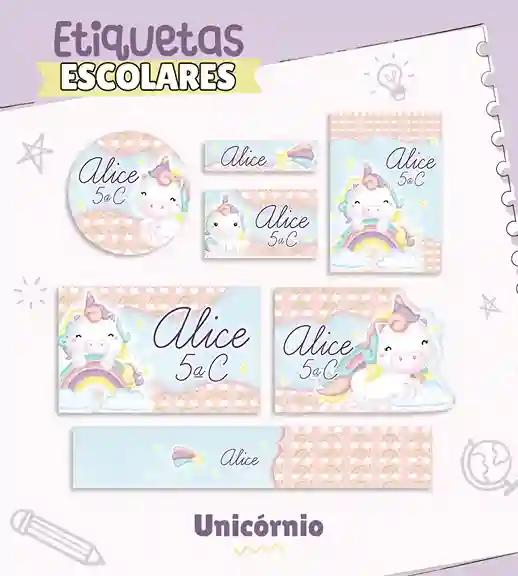 Adesivo escolar digital personalizado unicórnio em etiqueta para caderno e lápis para imprimir e editar