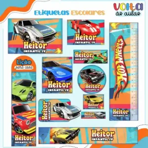 Cartela de adesivos escolares no tema Hot Wheels nos formatos Studio, PNG e PDF em alta resolução para cadernos.