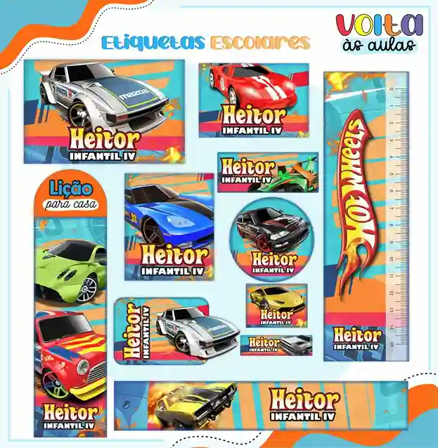 Cartela de adesivos escolares no tema Hot Wheels nos formatos Studio, PNG e PDF em alta resolução para cadernos.