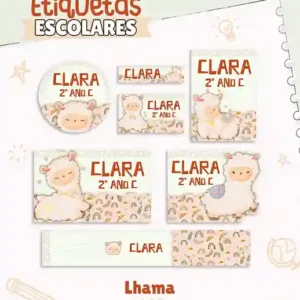 Cartela de adesivo escolar no tema Lhama nos formatos Studio, PNG, SVG e PDF para cadernos e materiais escolares.