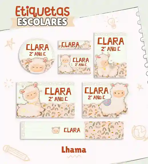 Cartela de adesivo escolar no tema Lhama nos formatos Studio, PNG, SVG e PDF para cadernos e materiais escolares.