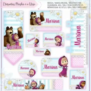 Cartela de adesivo escolar para imprimir no tema Masha e o Urso em alta resolução para cadernos, livros e papéis.