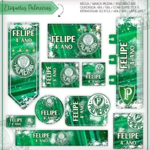 Cartela de adesivos escolares no tema Palmeiras nos formatos Studio, PNG, CDR e PDF em alta resolução para cadernos.