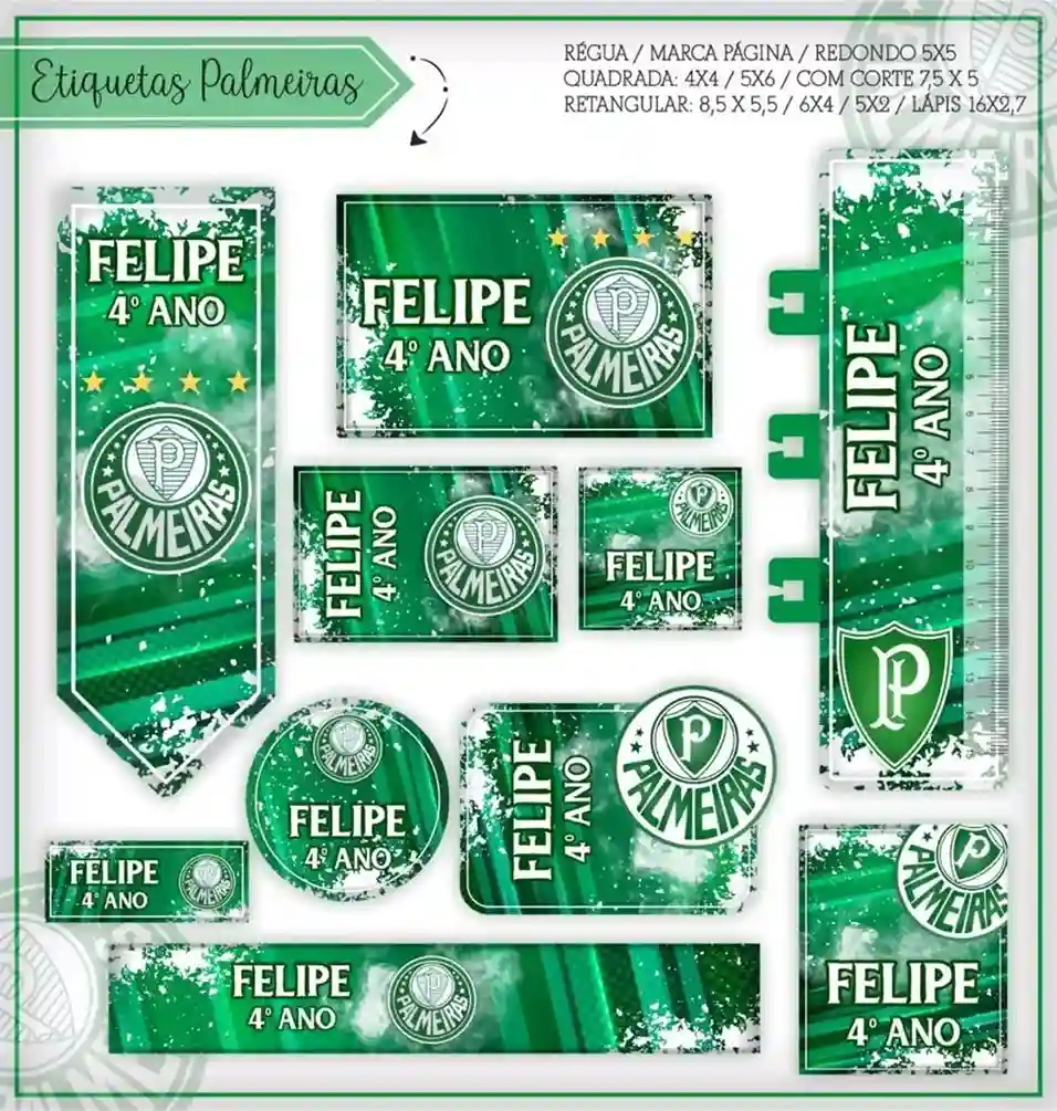 Cartela de adesivos escolares no tema Palmeiras nos formatos Studio, PNG, CDR e PDF em alta resolução para cadernos.
