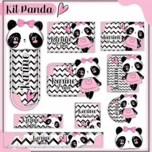 Cartela de adesivos escolares no tema Panda nos formatos Studio, PNG, CDR e PDF em alta resolução para cadernos.