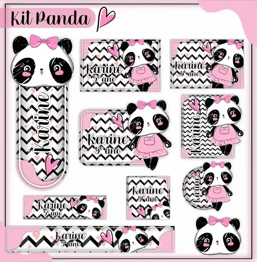 Cartela de adesivos escolares no tema Panda nos formatos Studio, PNG, CDR e PDF em alta resolução para cadernos.