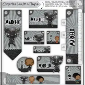 Adesivo escolar Pantera Negra em etiqueta para caderno e lápis para editar e imprimir em Studio e PNG