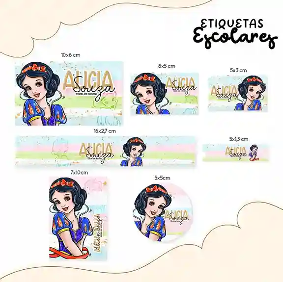 Adesivo escolar personalizada Branca de Neve em etiqueta para caderno e lápis para imprimir e editar