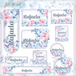 Cartela de adesivo escolar personalizada no tema Floral Rosa e Azul em alta resolução para cadernos e livros.