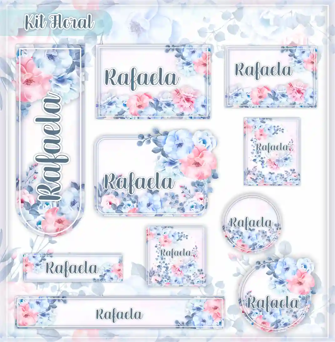 Cartela de adesivo escolar personalizada no tema Floral Rosa e Azul em alta resolução para cadernos e livros.