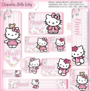 Cartela de adesivo escolar personalizada no tema Hello Kitty em alta resolução para cadernos, livros e materiais.