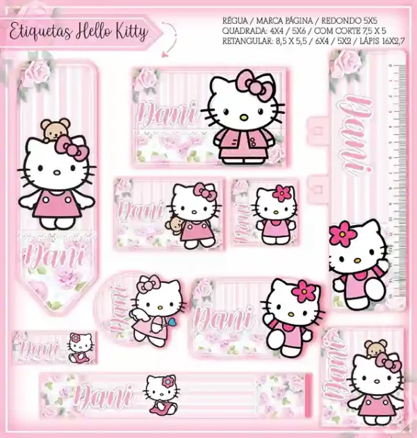 Cartela de adesivo escolar personalizada no tema Hello Kitty em alta resolução para cadernos, livros e materiais.