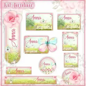 Cartela de adesivo escolar personalizada no tema Jardim Encantado em alta resolução para cadernos e livros.