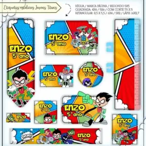 Cartela de adesivo escolar personalizada no tema Jovens Titãs em alta resolução para cadernos, livros e materiais.