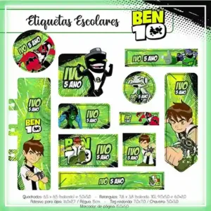 Cartela de adesivo escolar personalizada no tema Ben 10 em alta resolução para cadernos, livros e materiais.
