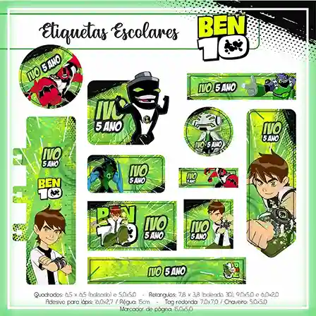 Cartela de adesivo escolar personalizada no tema Ben 10 em alta resolução para cadernos, livros e materiais.