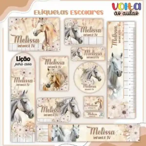 Cartela de adesivo escolar personalizado no tema Cavalos em alta resolução para cadernos, livros e material escolar.