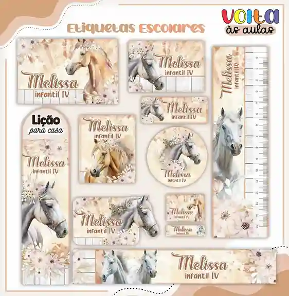 Cartela de adesivo escolar personalizado no tema Cavalos em alta resolução para cadernos, livros e material escolar.