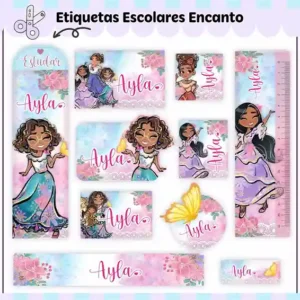 Adesivo escolar personalizada tema encanto em etiqueta para caderno e lápis para imprimir e editar