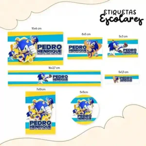 Adesivo escolar personalizado tema Sonic em etiqueta para caderno e lápis para imprimir e editar