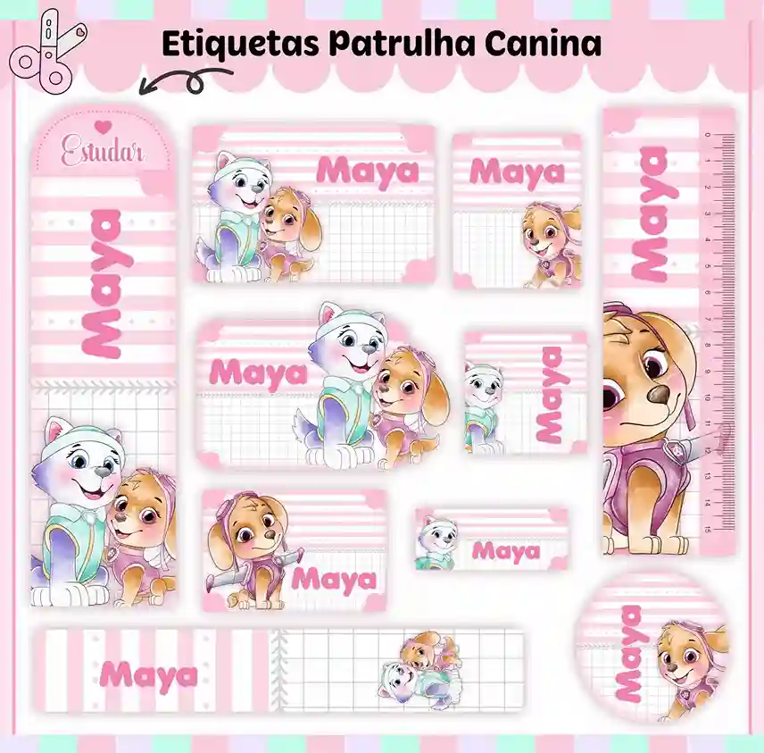 Cartela de adesivos escolares para imprimir no tema Skye e Everest em alta resolução para cadernos e livros.