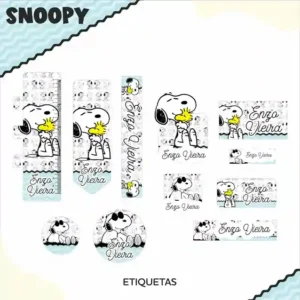 Cartela de adesivos escolares para imprimir tema Snoopy nos formatos PNG e PDF em alta resolução para cadernos.