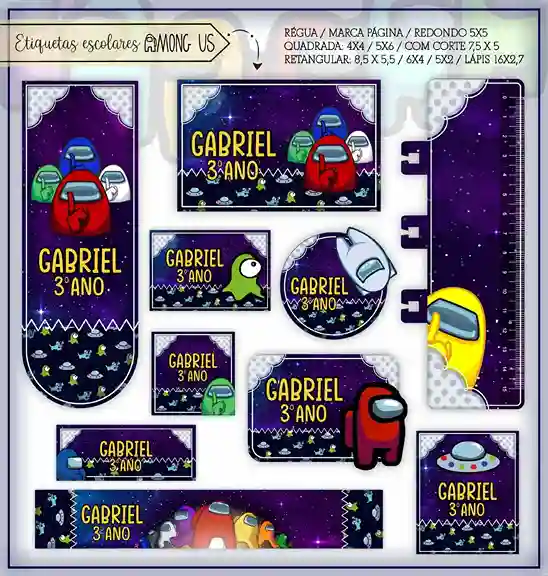 Cartela de adesivo escolar para imprimir no tema Among Us em alta resolução para cadernos, livros e material escolar.