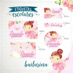 Cartela de adesivos escolares no tema Bailarina nos formatos Studio e PDF em alta resolução para cadernos.
