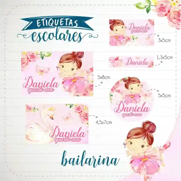 Cartela de adesivos escolares no tema Bailarina nos formatos Studio e PDF em alta resolução para cadernos.