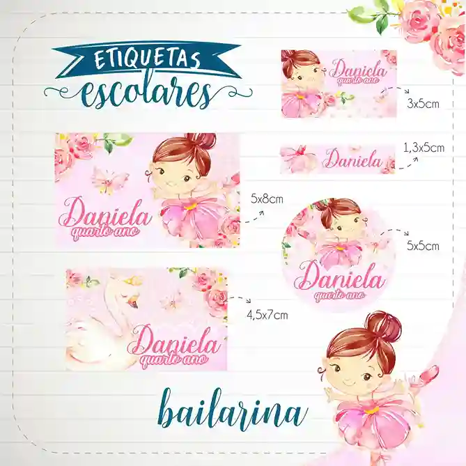 Cartela de adesivos escolares no tema Bailarina nos formatos Studio e PDF em alta resolução para cadernos.