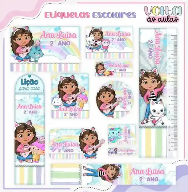 Cartela de adesivo escolar no tema A Casa Mágica da Gabby em alta resolução para cadernos, livros e materiais.