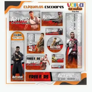 Cartela de adesivo escolar para imprimir no tema Free Fire em alta resolução para cadernos, livros e material escolar.