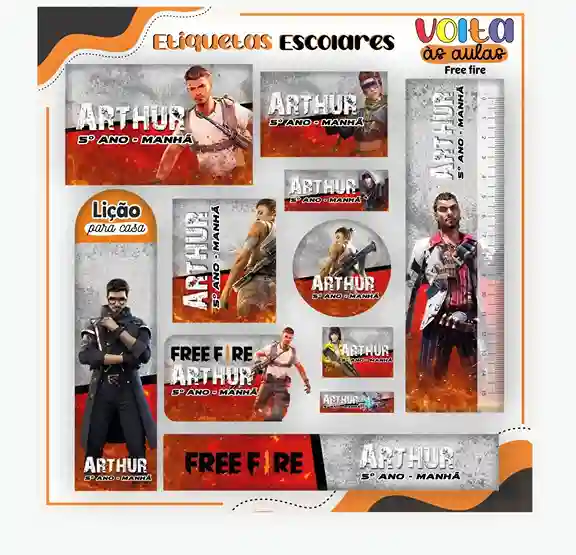 Cartela de adesivo escolar para imprimir no tema Free Fire em alta resolução para cadernos, livros e material escolar.