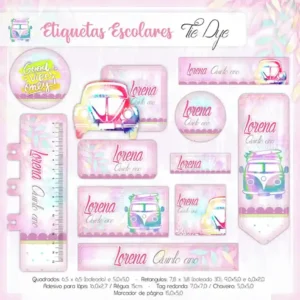 Cartela de adesivos escolares no tema Tie Dye nos formatos Studio, PNG e PDF em alta resolução para cadernos.