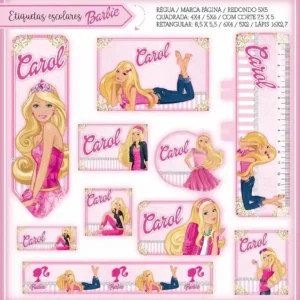 Cartela de adesivos escolares no tema Barbie nos formatos Studio, PNG, CDR e PDF em alta resolução para cadernos.