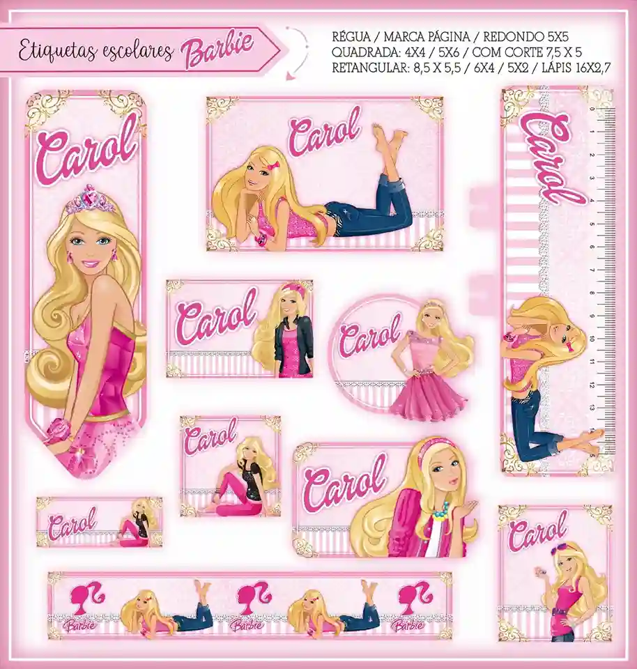 Cartela de adesivos escolares no tema Barbie nos formatos Studio, PNG, CDR e PDF em alta resolução para cadernos.