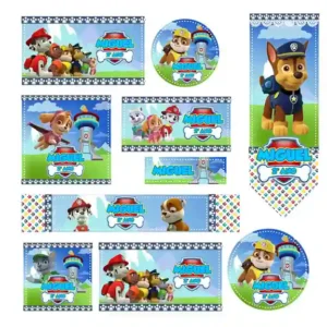Cartela de adesivos escolares no tema Patrulha Canina nos formatos Studio, PNG e PDF em alta resolução para cadernos.