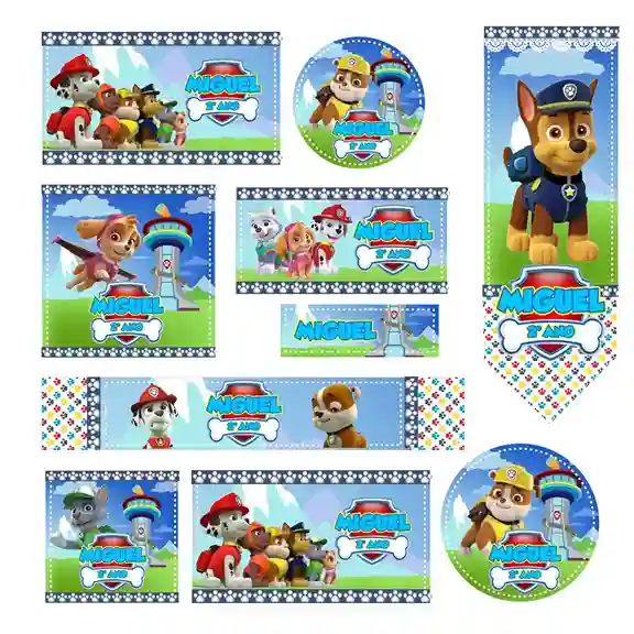 Cartela de adesivos escolares no tema Patrulha Canina nos formatos Studio, PNG e PDF em alta resolução para cadernos.