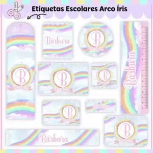 Cartela de adesivo escolar para imprimir no tema Arco-Íris em alta resolução para cadernos, livros e material escolar.