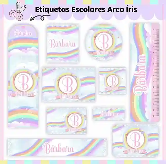 Cartela de adesivo escolar para imprimir no tema Arco-Íris em alta resolução para cadernos, livros e material escolar.