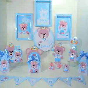 Kit festa mêsversário Ursinho Príncipe arquivo em formato Studio Silhouette PNG e PDF temas festas e topper decoração