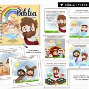 Livro Bíblia ilustrada infantil para imprimir em caderno de anotações com capa em PNG e miolo em PDF