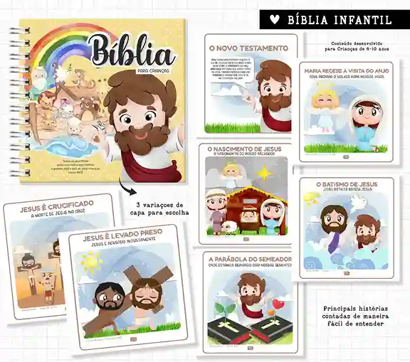 Livro Bíblia ilustrada infantil para imprimir em caderno de anotações com capa em PNG e miolo em PDF
