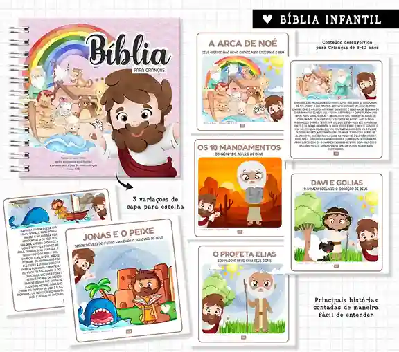 Bíblia infantil ilustrada e caderno de atividades para imprimir com capa em PNG e miolo em PDF