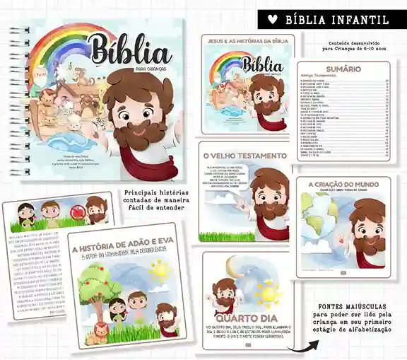 Bíblia ilustrada para crianças para imprimir em caderno de anotações com capa em PNG e miolo em PDF