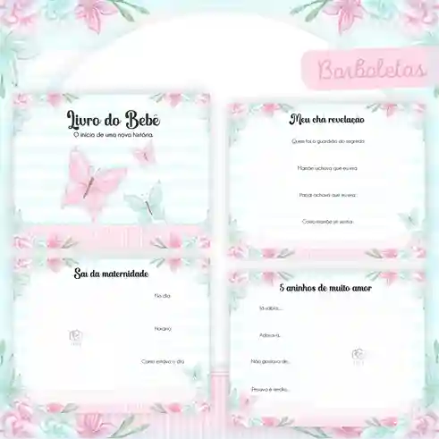 Livro do bebê e caderneta de saúde Borboleta Rosa e Azul para imprimir em caderno de anotações com capa em PNG e miolo em PDF