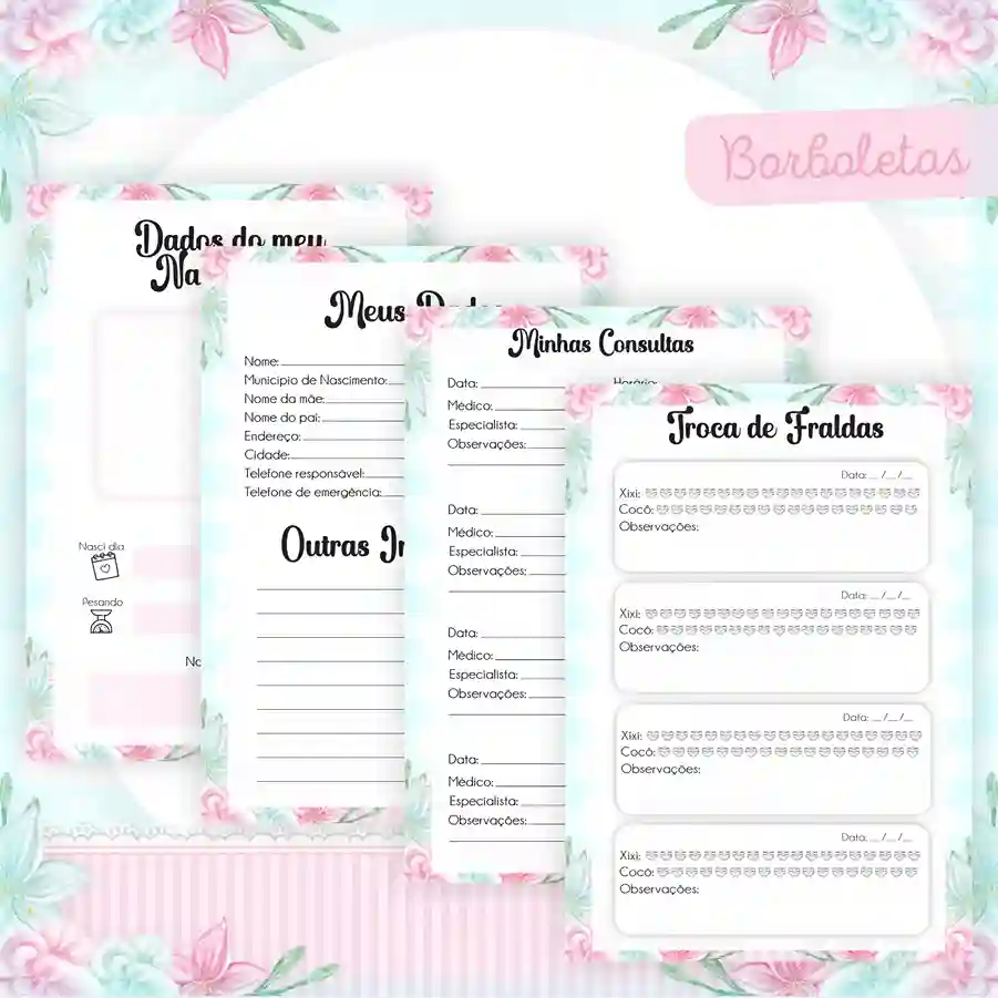 Caderno do bebê e caderneta Borboleta Rosa e Azul para imprimir em caderno de anotações com capa em PNG e miolo em PDF