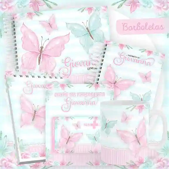 Caderneta de vacinação e livro do bebê Borboleta Rosa e Azul em caderno de anotações para imprimir com capa em PNG e miolo em PDF
