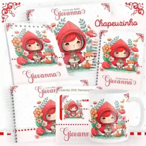 Caderneta e livro do bebê Chapeuzinho Vermelho para imprimir em caderno de anotações com capa em PNG e miolo em PDF